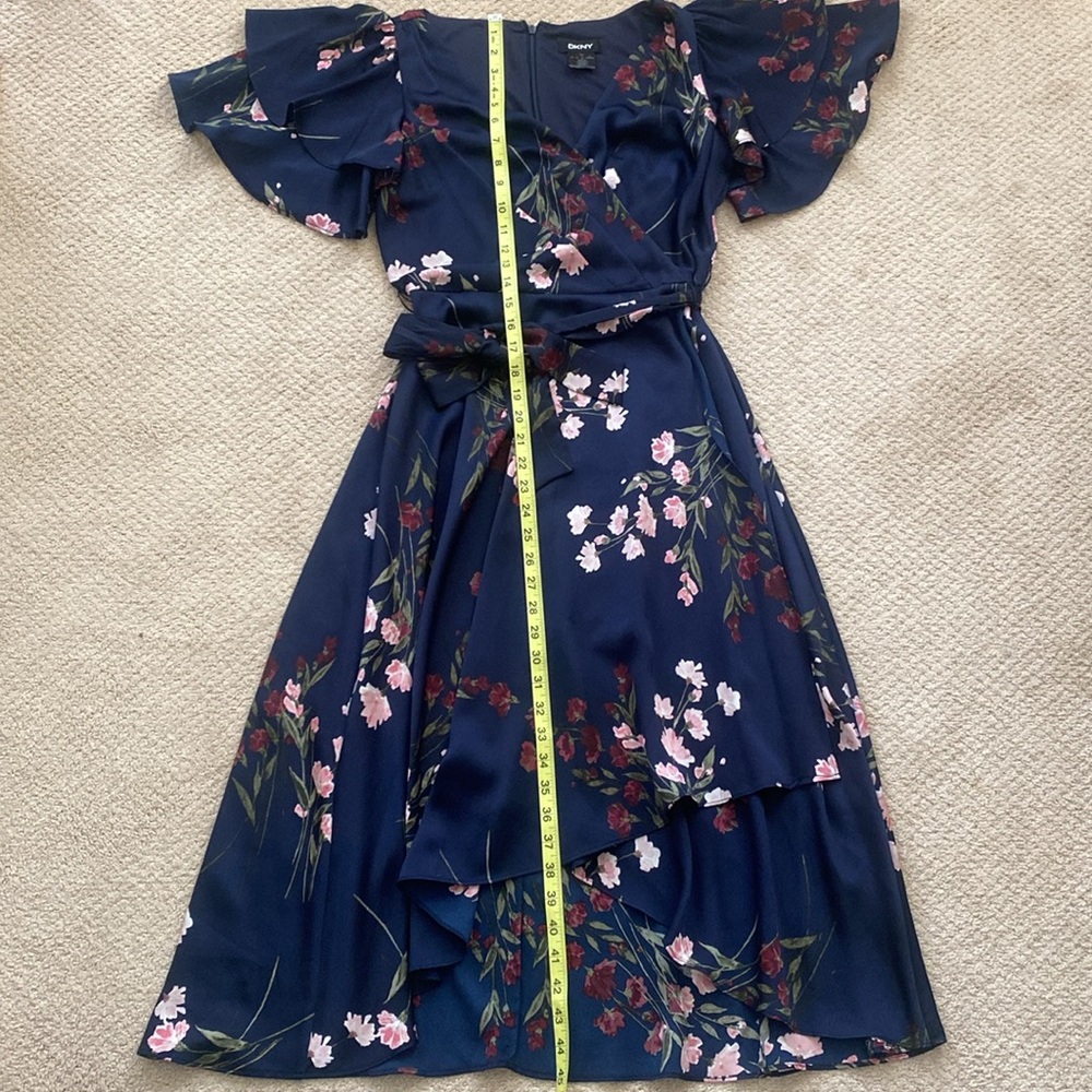 DKNY Midi Floral Dress Size 4 Flutter Sleeve Tie Waist Navy Easter Garden Party - Picture 6 of 15